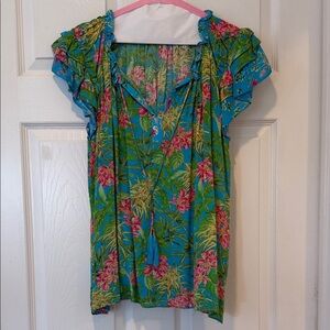 Rose & Olive Tropical Floral Blouse in Blue and Green